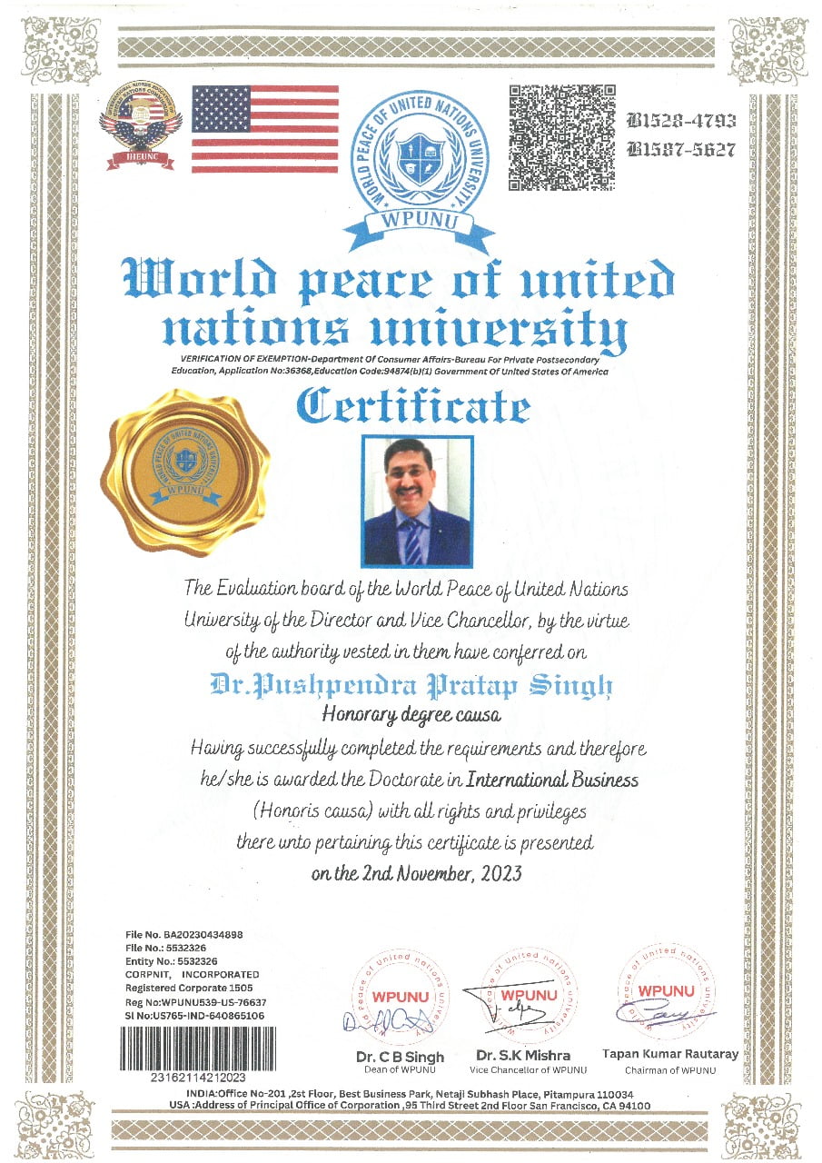 Dr Pushpendra Pratap Singh recognised with Doctorate in International Business from World Peace of United Nations University 1