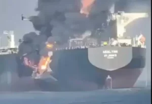 Massive tanker fire after collision near Strait of Hormuz entry
