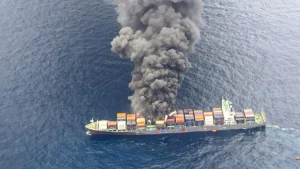 Singapore-flagged cargo ship ‘Wan Hai 503’ catches fire off the Kerala coast